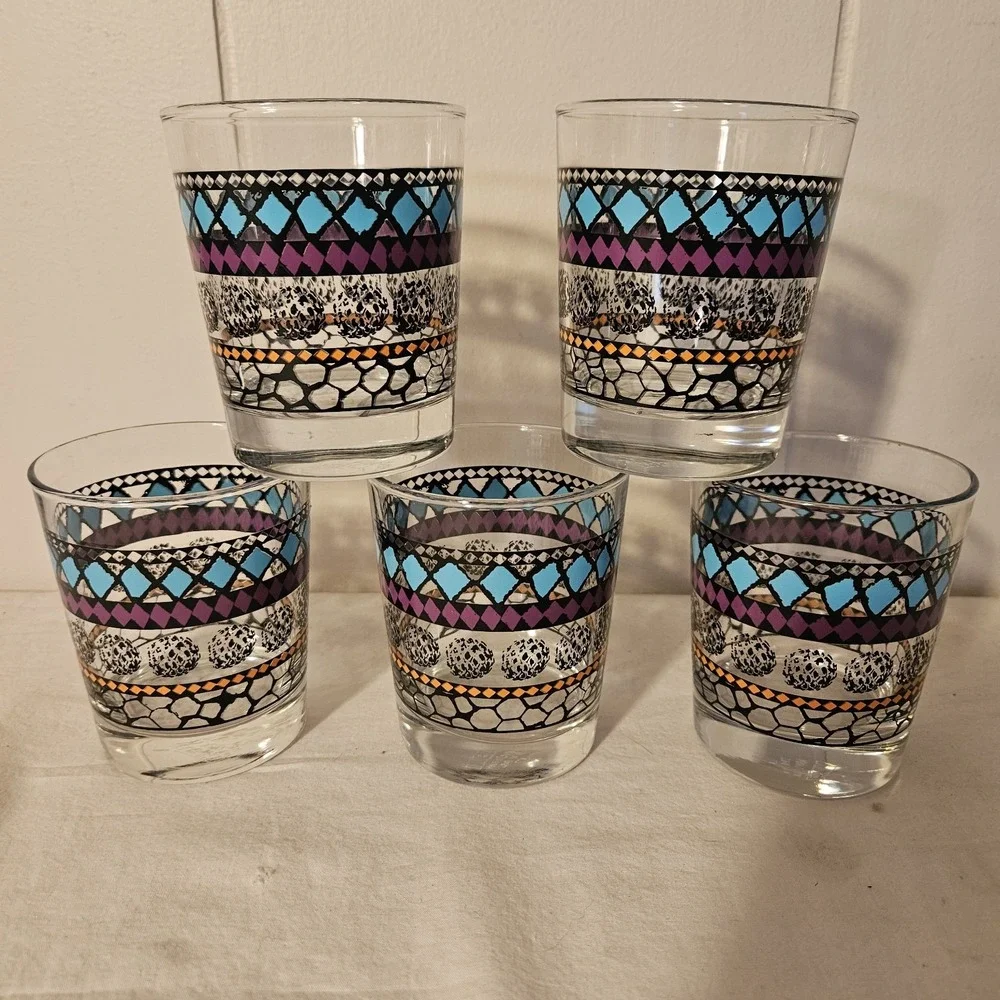 IKEA Geometric Juice Rocks Bar Drinking Glasses Old Fashion Purple Teal Set Of 5